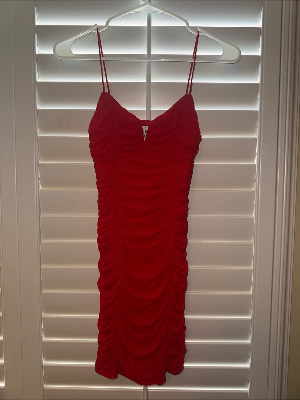 Hello Molly Red Ruched Midi Dress with Spaghetti Straps